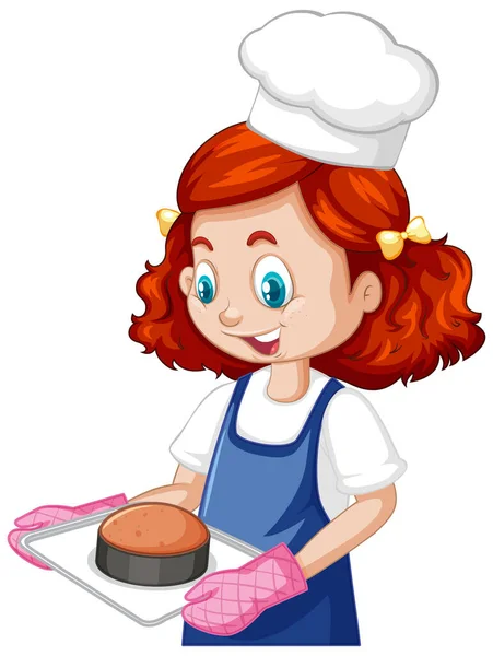 Chef Girl Wearing Chef Hat Holding Baking Tray Illustration — Stock Vector