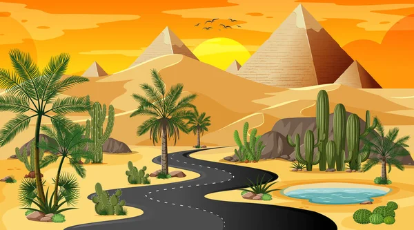 Günbatımı Sahnesinde Giza Piramidi Ile Çöl Ormanları Boyunca Uzun Bir — Stok Vektör