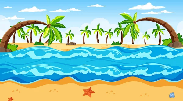 Tropical beach landscape scene with many palm trees at day time illustration