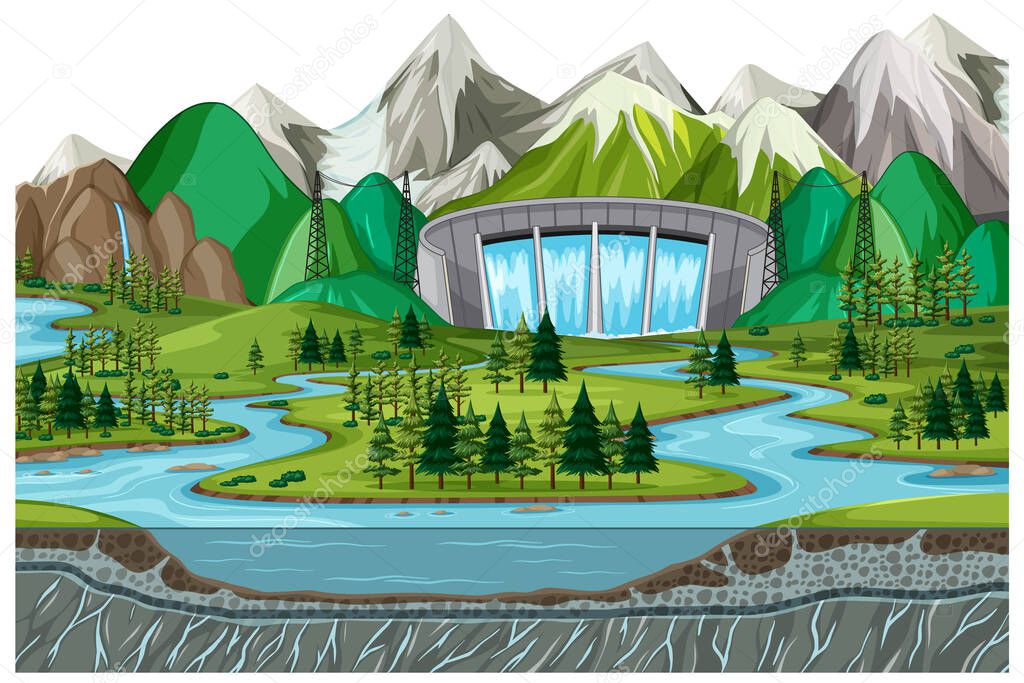 Scene with water dam background illustration