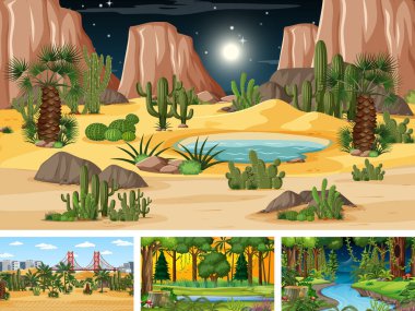 Çizgi film stili illüstrasyonunda farklı doğa yatay sahneleri