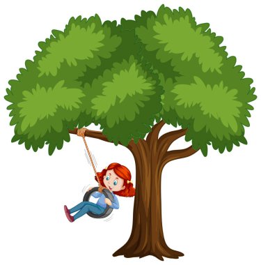Beyaz arkaplanda ağacın altında lastik salıncak oynayan çocuk.