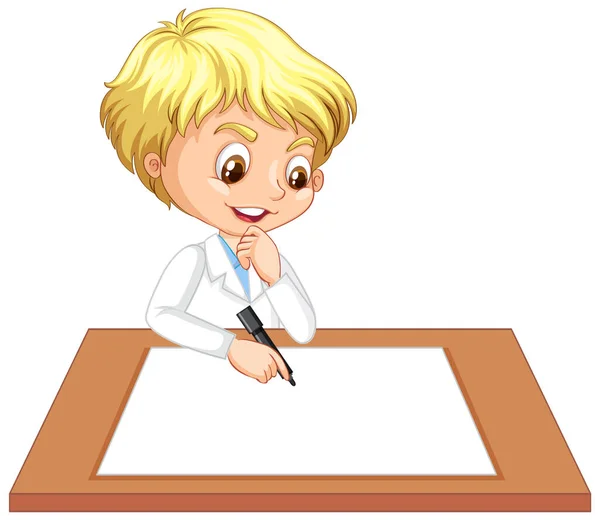 Boy Wearing Scientist Gown Empty Paper Table Illustration — Stock Vector