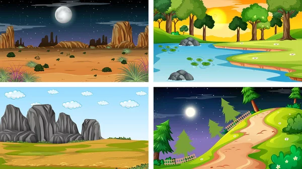 Quatre Scènes Différentes Parc Naturel Illustration Forêt — Image vectorielle