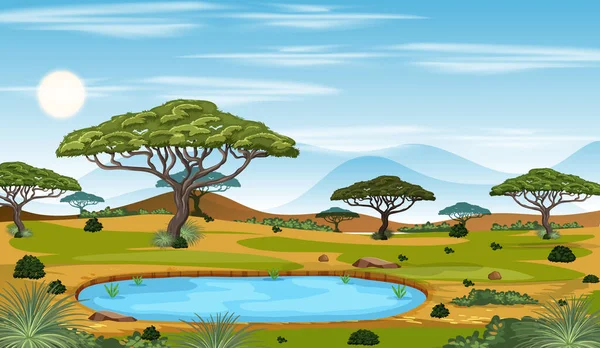 Afrykański Savanna Las Krajobraz Scena Dzień Ilustracja — Wektor stockowy