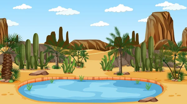 Paisaje Del Bosque Del Desierto Durante Día Con Ilustración Oasis — Vector de stock