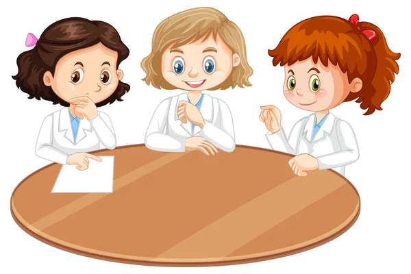 Τρεις Επιστήμονες Κορίτσια Χαρακτήρα Κινουμένων Σχεδίων Κενό Πίνακα Εικονογράφηση — Διανυσματικό Αρχείο