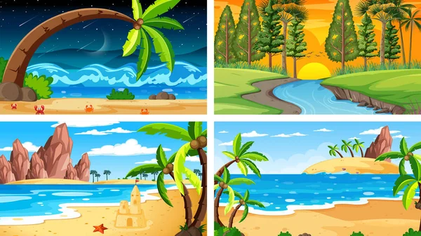 Quatro Diferentes Natureza Horizontal Cenas Ilustração — Vetor de Stock