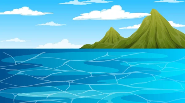 Ozean Bei Tag Landschaft Szene Mit Berg Hintergrund Illustration — Stockvektor
