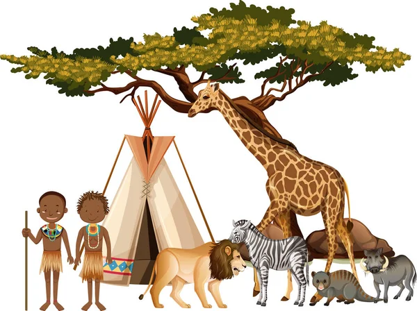 Tribù Africana Con Gruppo Animali Africani Selvatici Sfondo Bianco Illustrazione — Vettoriale Stock