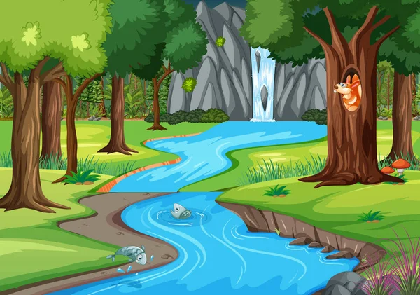 Scena Dżungli Wieloma Drzewami Ilustracją Wodospadu — Wektor stockowy