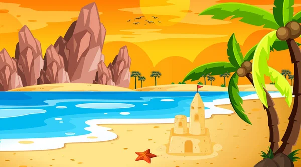 Tropická Plážová Krajina Při Západu Slunce Čas Scéna Ilustrace — Stockový vektor