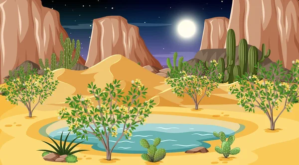 Paisaje Del Bosque Del Desierto Escena Nocturna Con Ilustración Oasis — Archivo Imágenes Vectoriales