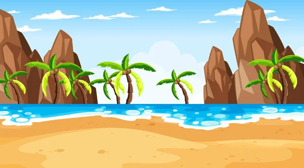 Escena Playa Tropical Con Muchas Palmeras Durante Día Ilustración — Vector de stock