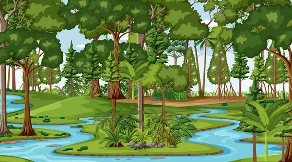 Rzeka Przepływa Przez Scenę Leśną Dzień Ilustracji — Wektor stockowy