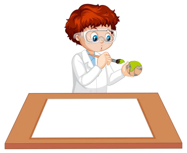 Boy Wearing Scientist Gown Empty Paper Table Illustration — Stock Vector