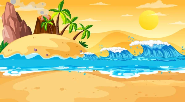 Plage Tropicale Paysage Scène Coucher Soleil Illustration — Image vectorielle