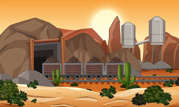 Günbatımı illüstrasyonunda kömür madenciliği manzarası