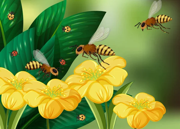 在模糊的背景图上有许多蜜蜂和黄色花朵的近景 — 图库矢量图片