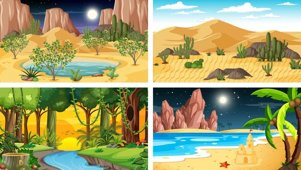 Cuatro Escenas Horizontales Naturaleza Diferente Ilustración — Vector de stock