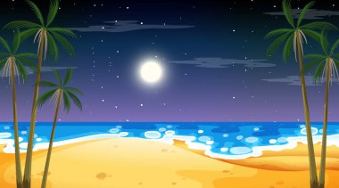 Geceleri plaj manzarası, palmiye ağacı resimli.