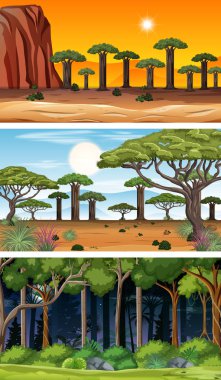 Farklı zamanlardaki farklı orman yatay sahnelerinin çizimi