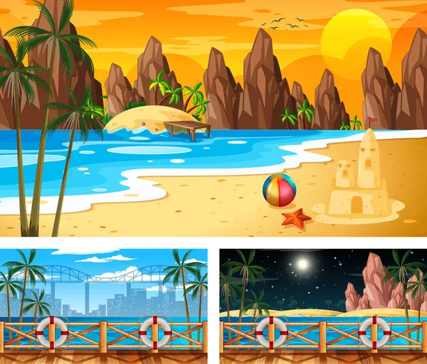 stock vector Three different beach landscape scenes illustration