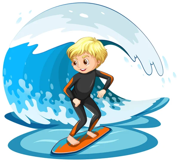 Niño Surfeando Una Ola Agua Ilustración Aislada — Vector de stock