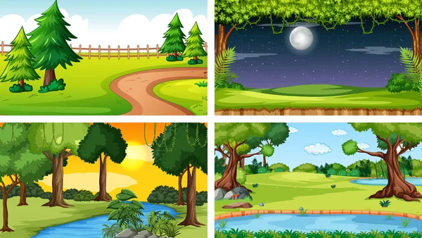 Cuatro Escenarios Diferentes Parque Natural Ilustración Forestal — Vector de stock