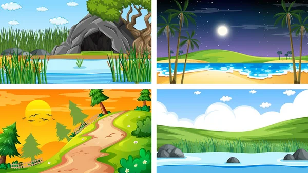 Τέσσερις Διαφορετικές Σκηνές Του Πάρκου Της Φύσης Και Απεικόνιση Των — Διανυσματικό Αρχείο