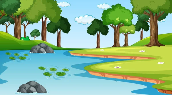 Nature Forest Landscape Daytime Scene River Flowing Forest Illustration — Stock Vector