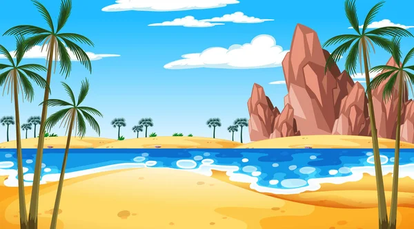 Paesaggio Tropicale Sulla Spiaggia Durante Giorno Scena Illustrazione — Vettoriale Stock