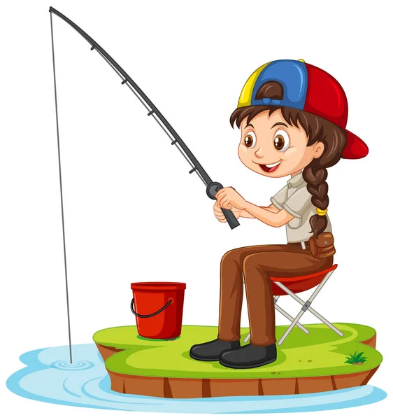一个女孩卡通人物坐在白色背景图上钓鱼 — 图库矢量图片