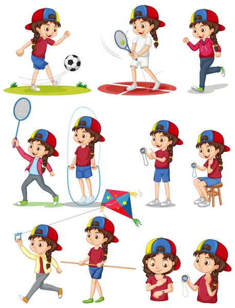 Conjunto Chicas Haciendo Diferentes Tipos Ilustración Deportiva — Vector de stock