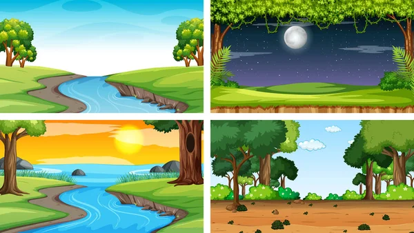 Four Different Scene Nature Park Forest Illustration — Stock Vector