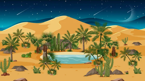 Пейзаж Пустынных Лесов Ночной Сцене Иллюстрацией Оазиса — стоковый вектор