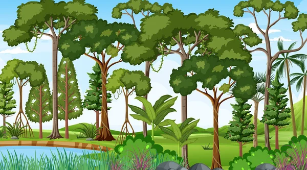 Scena Krajobraz Lasu Ciągu Dnia Wielu Różnych Drzew Ilustracji — Wektor stockowy