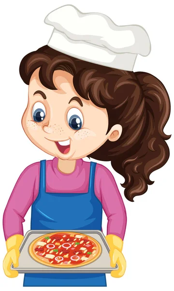 Szef Kuchni Dziewczyna Kreskówka Postać Gospodarstwa Taca Pizzy Ilustracja — Wektor stockowy