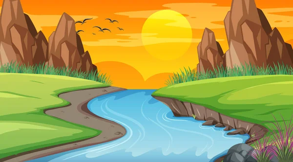 Scena Krajobrazu Rzeki Przez Las Ilustracja — Wektor stockowy