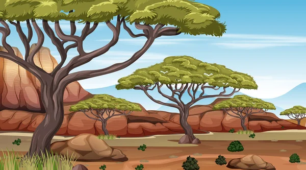 Afrikaanse Savanne Bos Landschap Scène Dag Illustratie — Stockvector