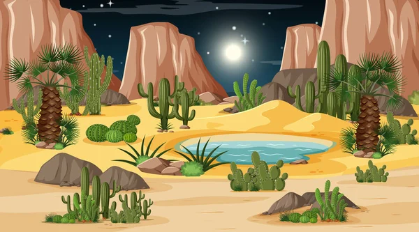 Desert Δάσος Τοπίο Νύχτα Σκηνή Όαση Εικονογράφηση — Διανυσματικό Αρχείο
