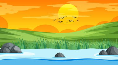 Çayırda gölet olan ormanın manzarası.