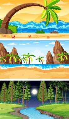 Farklı zamanlardaki farklı orman yatay sahnelerinin çizimi