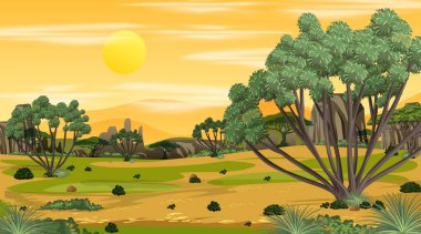 Afrika Savanası orman manzarası günbatımı illüstrasyonunda