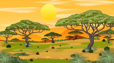 Afrika Savanası orman manzarası günbatımı illüstrasyonunda