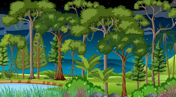 Orman Manzarası Geceleri Çok Farklı Ağaç Resimleriyle Dolu — Stok Vektör
