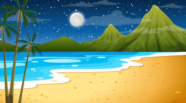 Spiaggia Notte Scena Paesaggio Con Palma Illustrazione — Vettoriale Stock