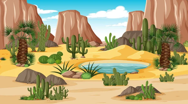 Paisagem Florestal Deserto Durante Dia Cena Com Oásis Ilustração — Vetor de Stock