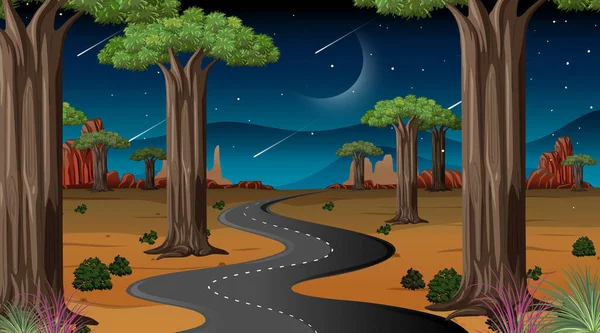 Lunga Strada Attraverso Scena Del Paesaggio Desertico Notte Illustrazione — Vettoriale Stock