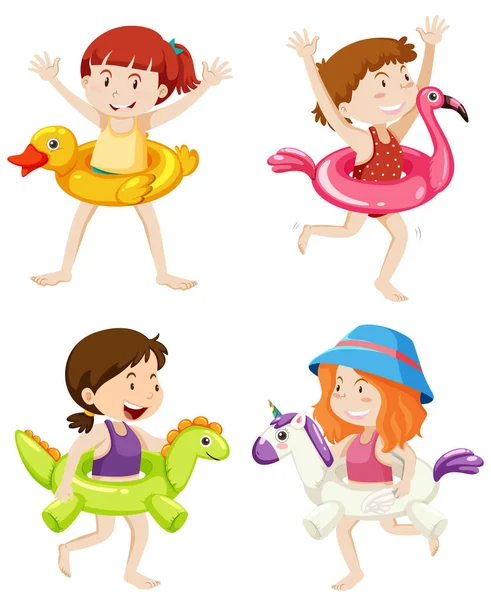 Set Bambini Con Anello Nuoto Nell Illustrazione Isolata Acqua — Vettoriale Stock